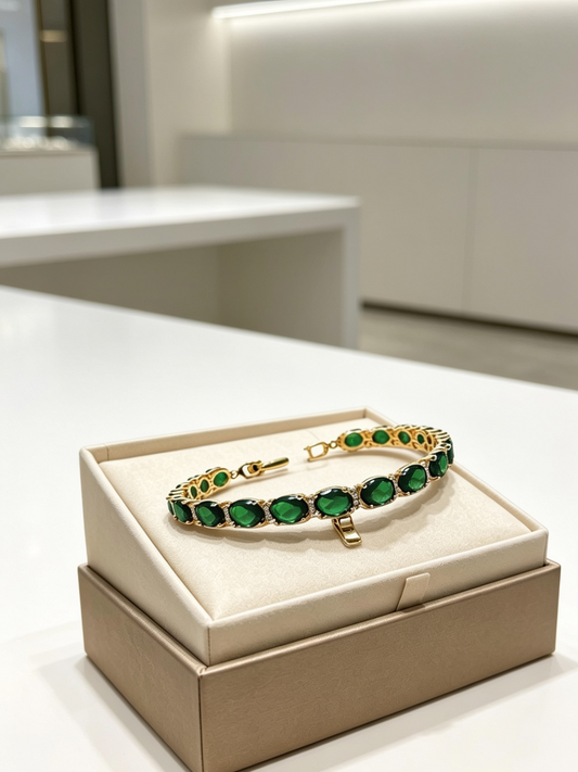 Tennis bracelet Yellow gold finish green emerald and Created Diamond