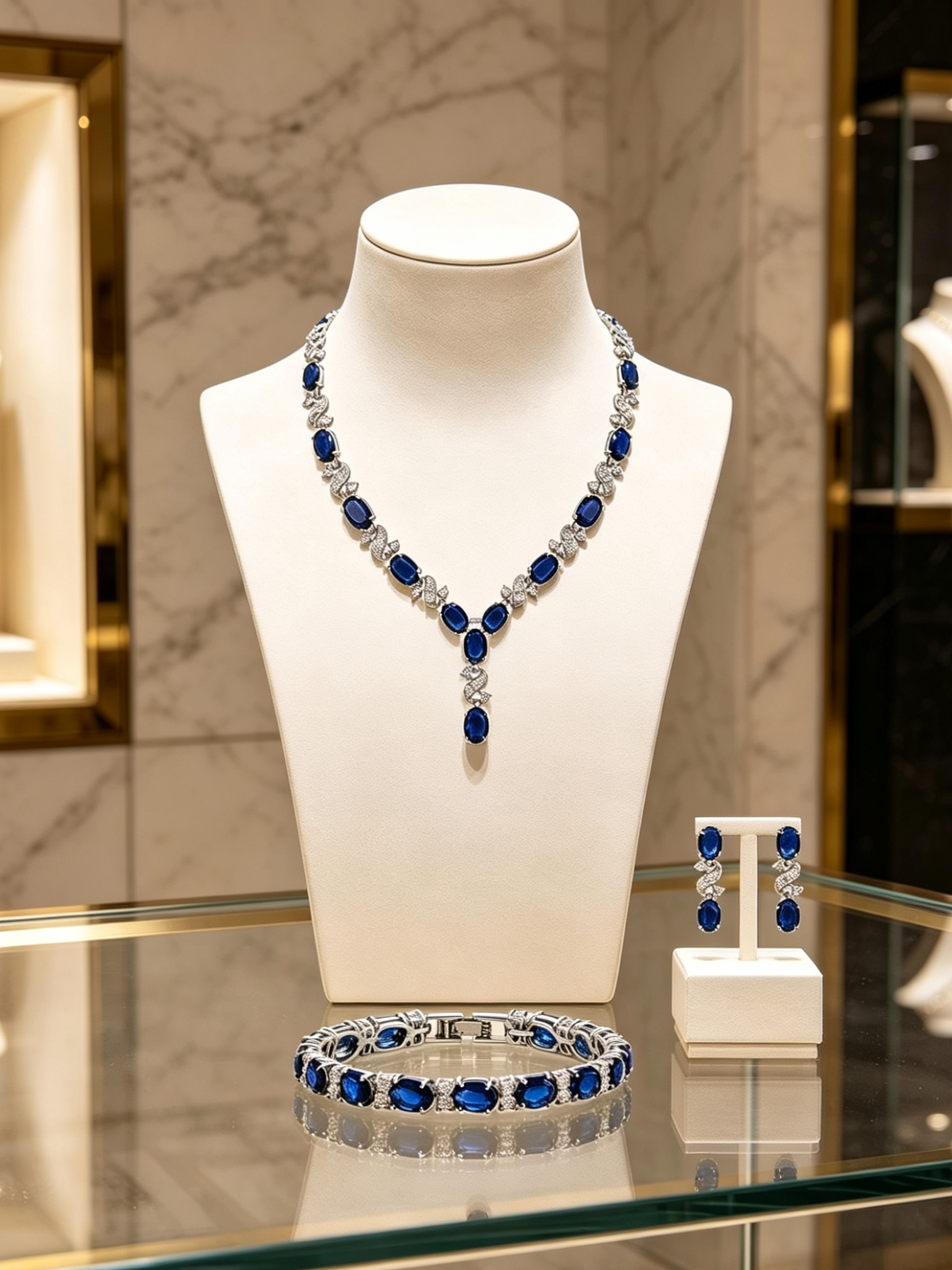 Love and Kisses reminiscence set Deep Blue Sapphire Jewellery Set Necklace Bracelet Earrings