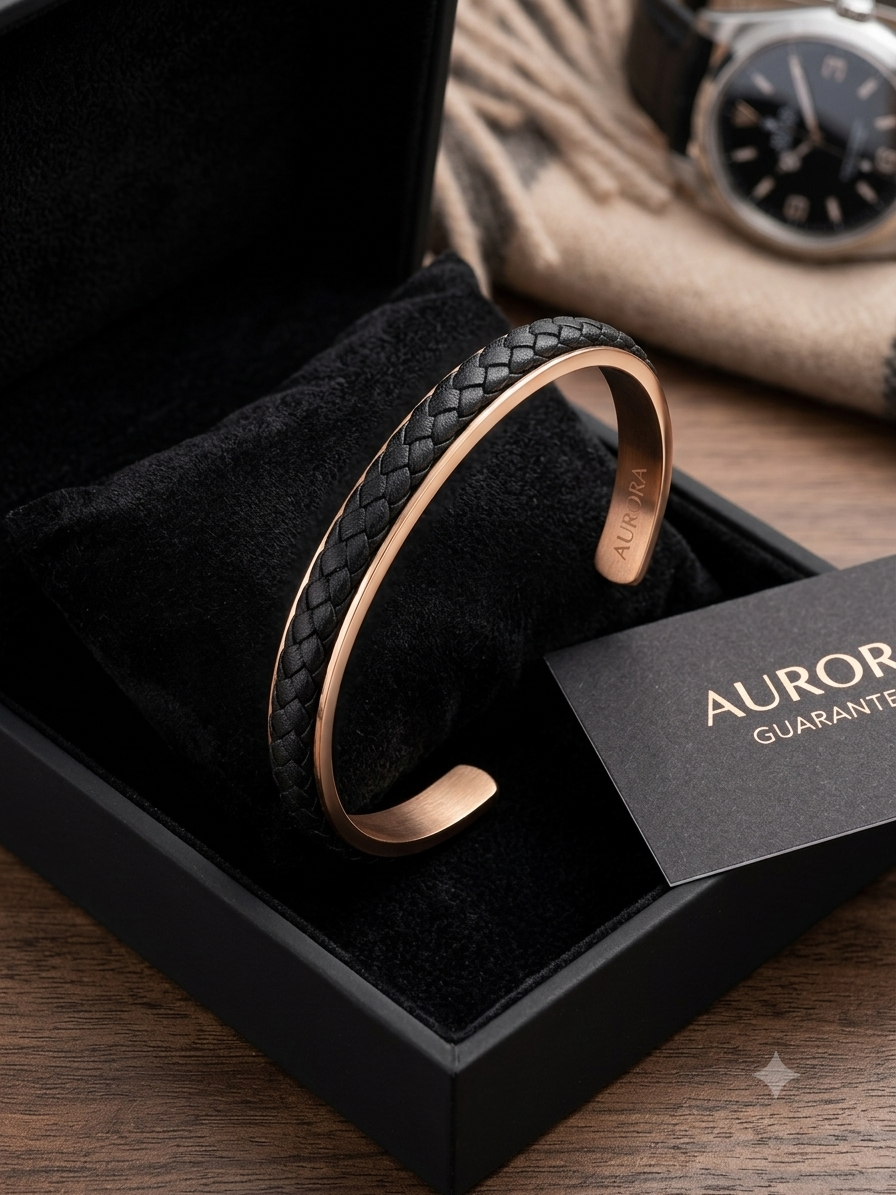 Limited Edition Rose Gold Braided Black Leather Cuff Montreal Bracelet