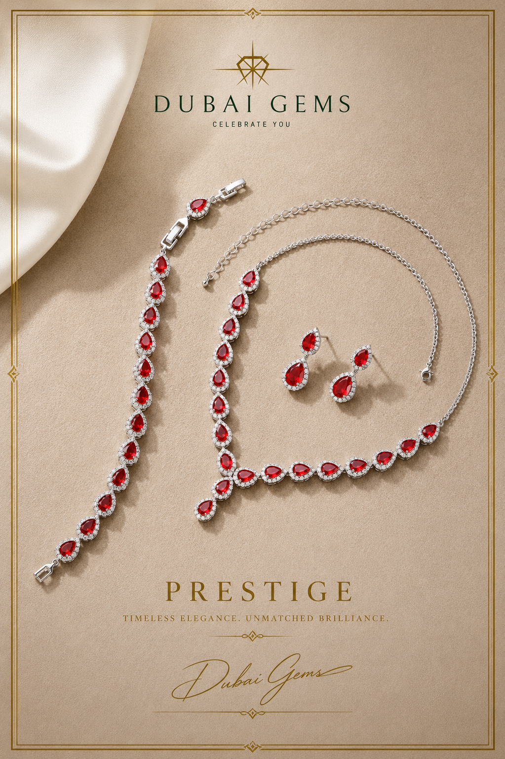 Prestige Pear Cut Red Ruby Jewellery Set with Created Diamonds White Gold finished Necklace Bracelet and Earrings Gift Set