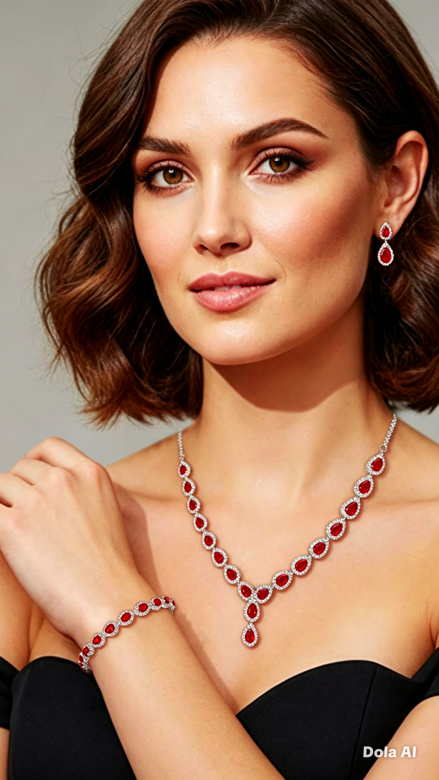 Prestige Pear Cut Red Ruby Jewellery Set with Created Diamonds White Gold finished Necklace Bracelet and Earrings Gift Set