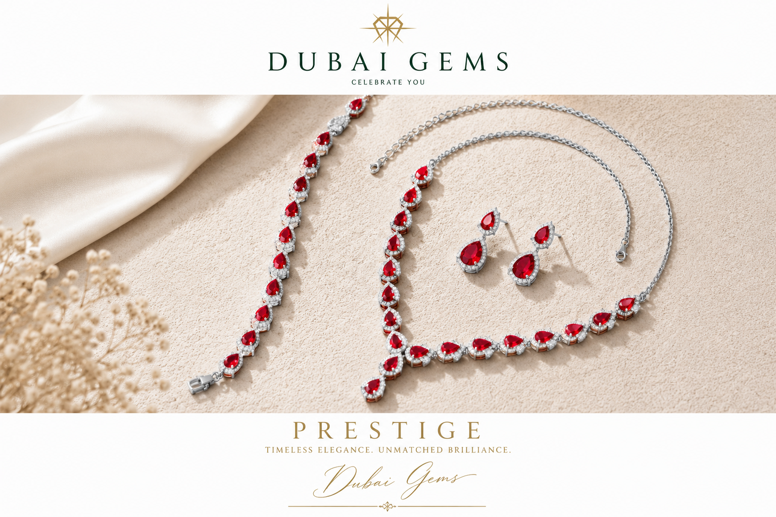 Prestige Pear Cut Red Ruby Jewellery Set with Created Diamonds White Gold finished Necklace Bracelet and Earrings Gift Set