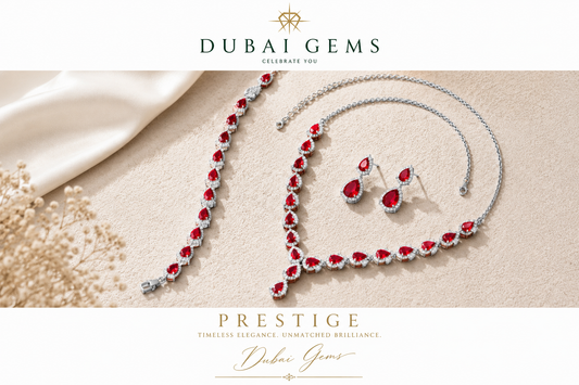 Prestige Pear Cut Red Ruby Jewellery Set with Created Diamonds White Gold finished Necklace Bracelet and Earrings Gift Set