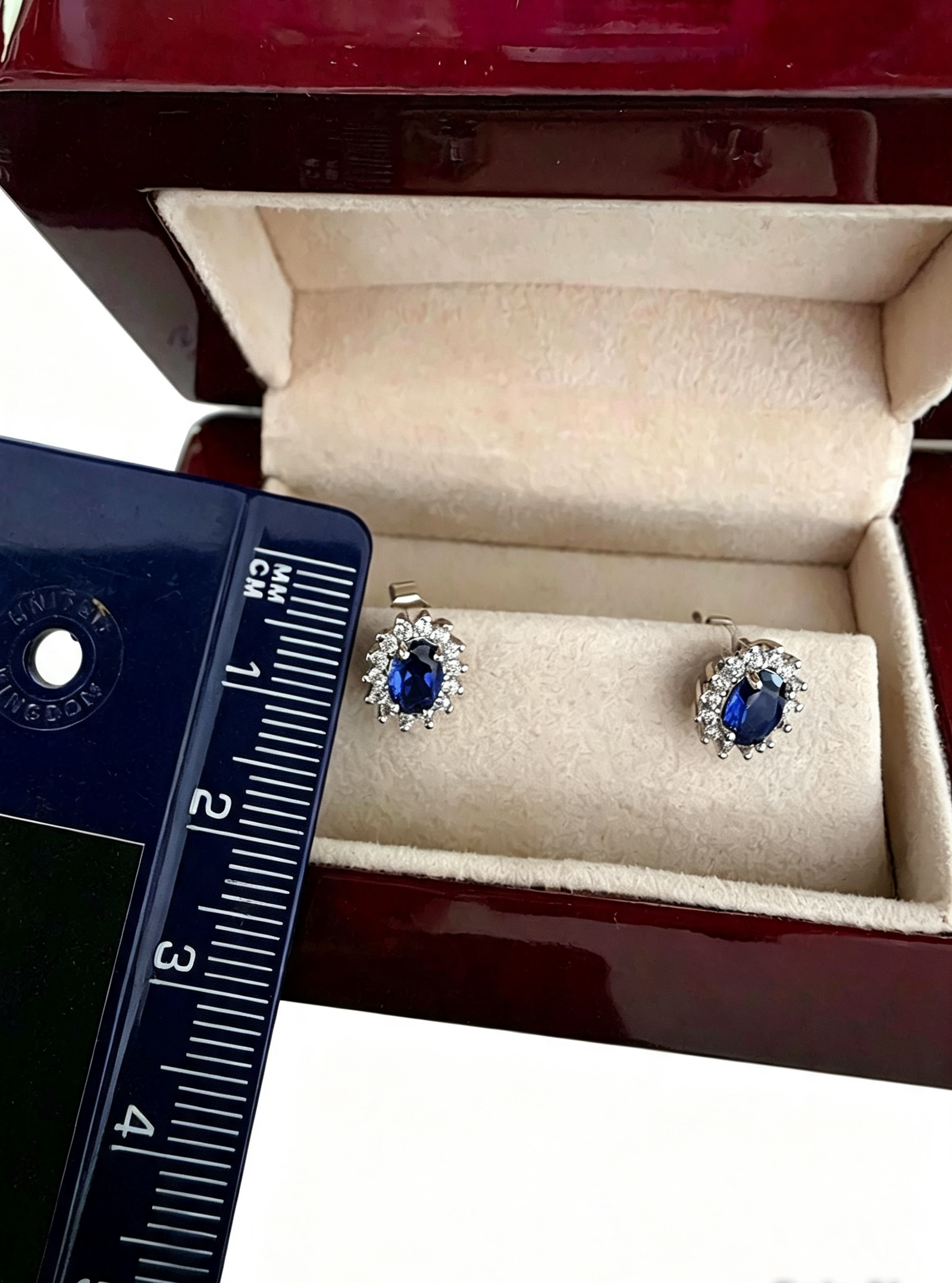 Royal Blue Sapphire Princess Diana Created Diamond Stud Earrings Gift Box Included