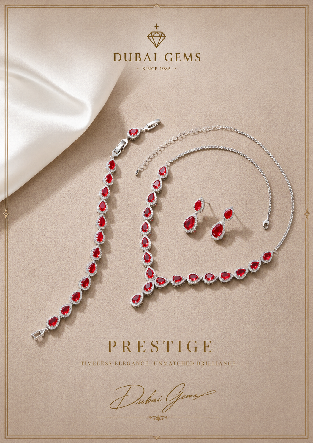 Prestige Pear Cut Red Ruby Jewellery Set with Created Diamonds White Gold finished Necklace Bracelet and Earrings Gift Set