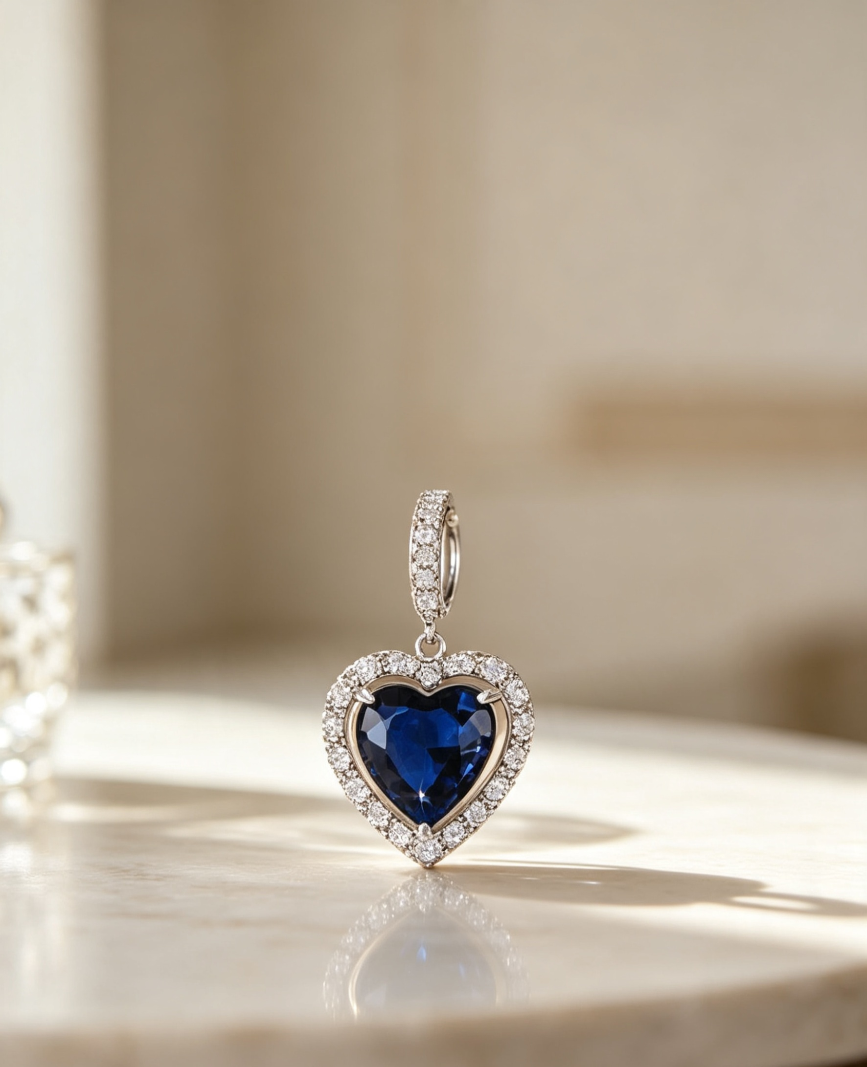 Heart Cut Blue Sapphire Diamond Droplet Earrings in White Gold finish