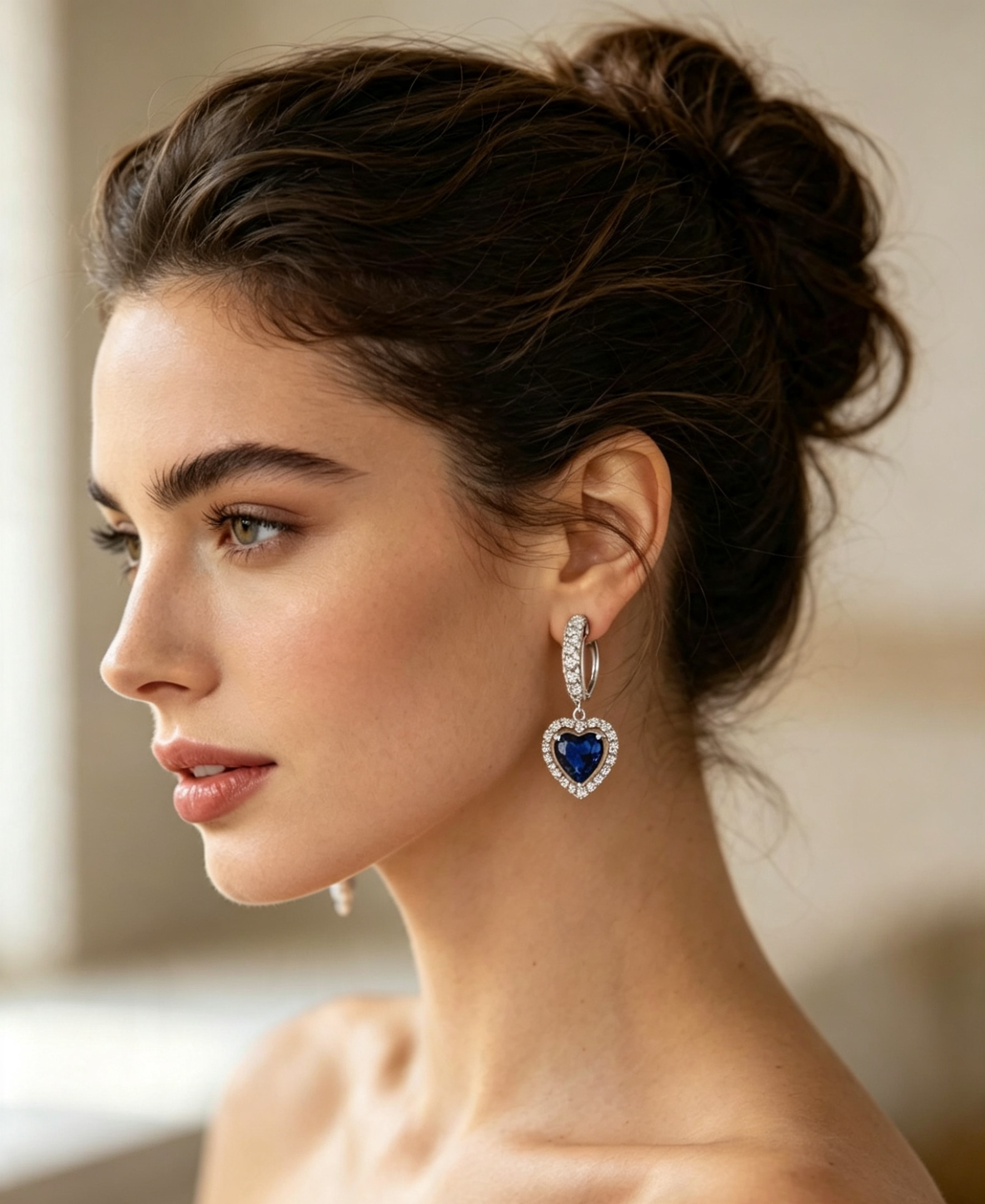 Heart Cut Blue Sapphire Diamond Droplet Earrings in White Gold finish