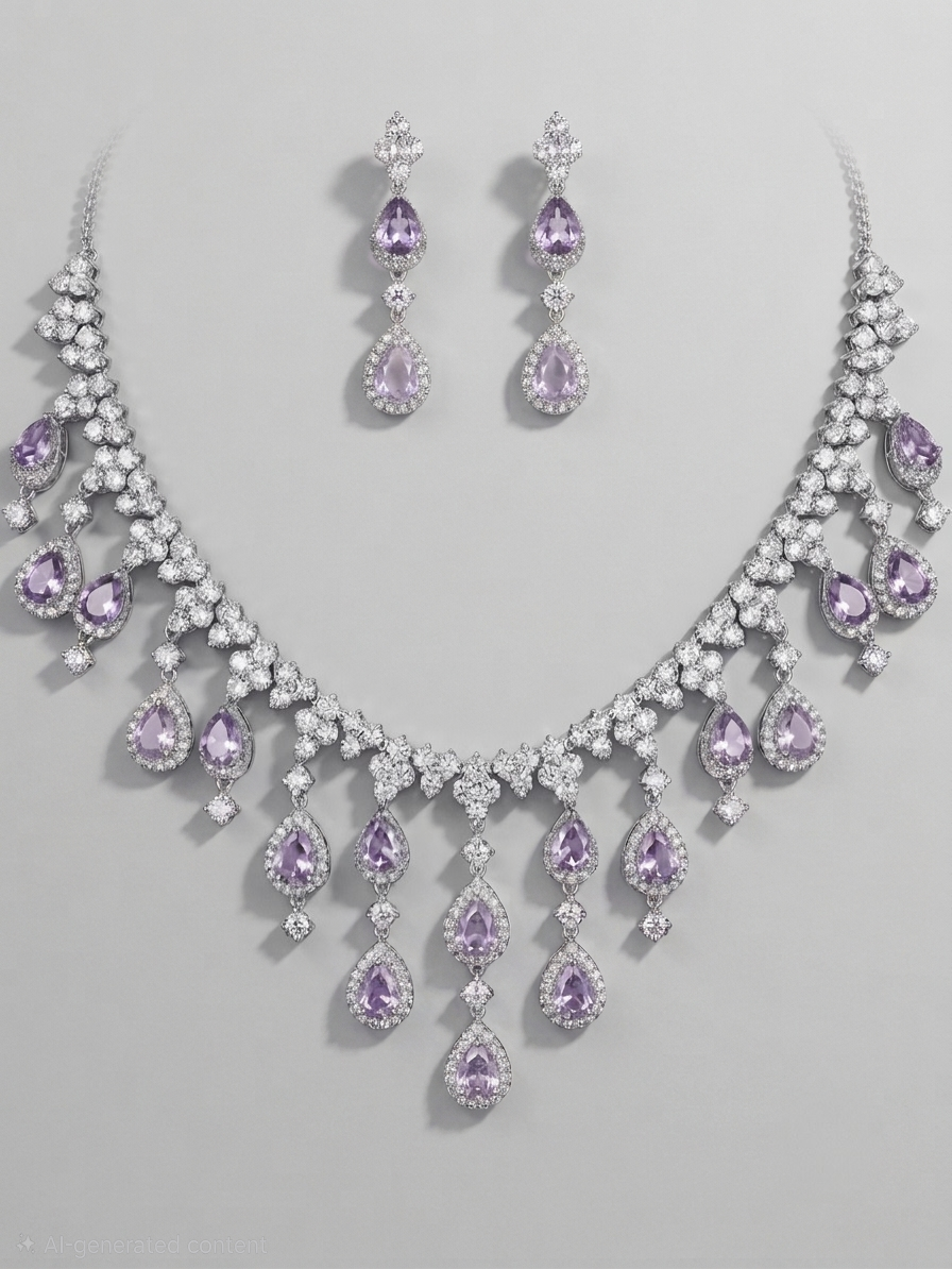 Dubai Waterfall Amethyst Necklace Earrings Set Purple Statement Jewellery
