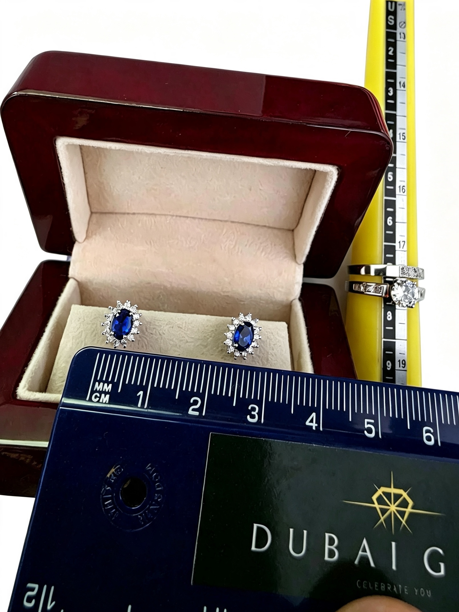 Royal Blue Sapphire Princess Diana Created Diamond Stud Earrings Gift Box Included