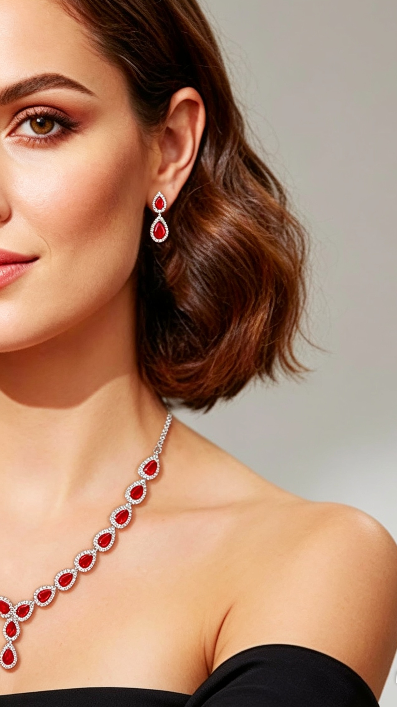 Prestige Pear Cut Red Ruby Jewellery Set with Created Diamonds White Gold finished Necklace Bracelet and Earrings Gift Set