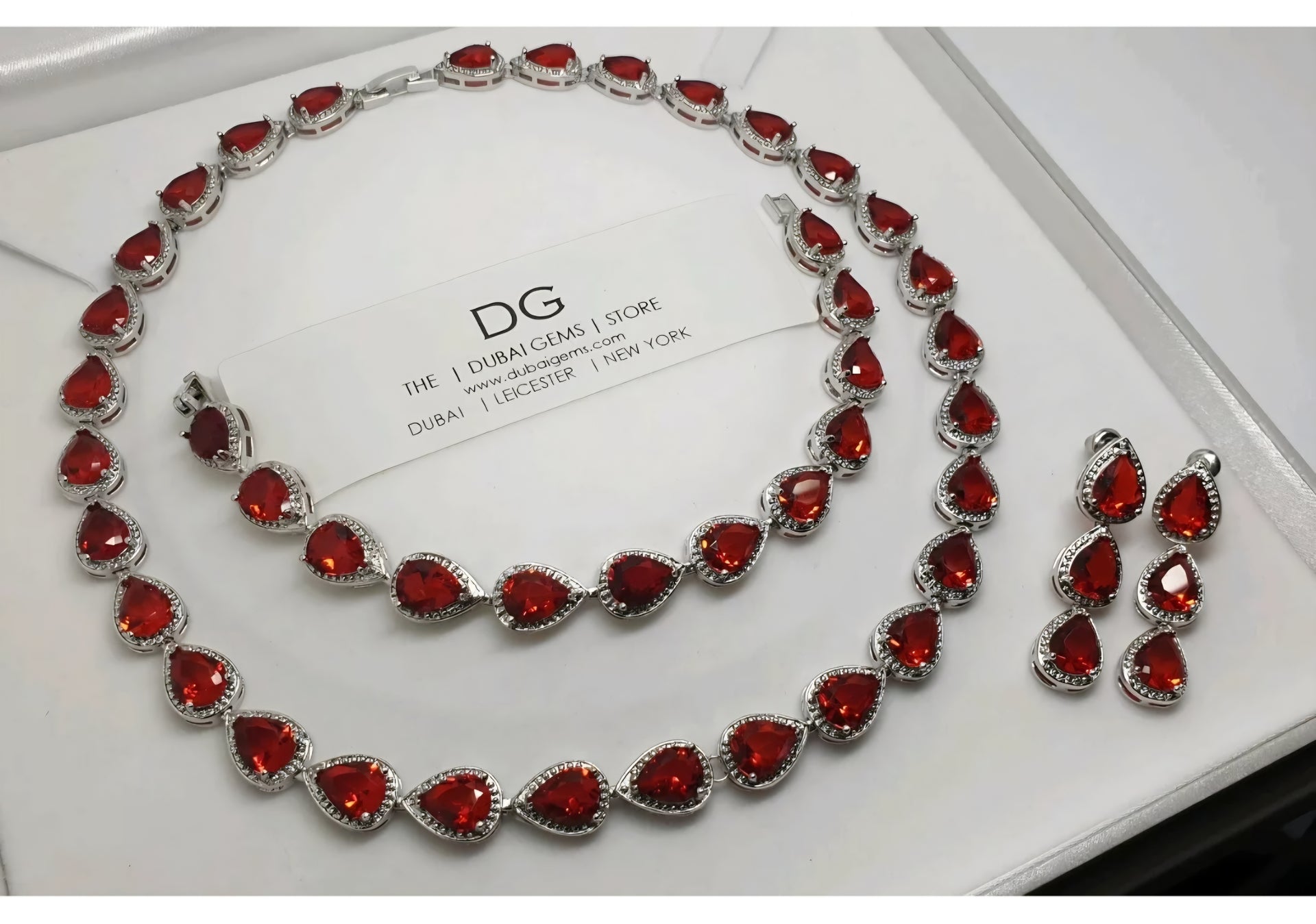 White Gold Finish Red Ruby & Created Diamond Pear-Cut Set