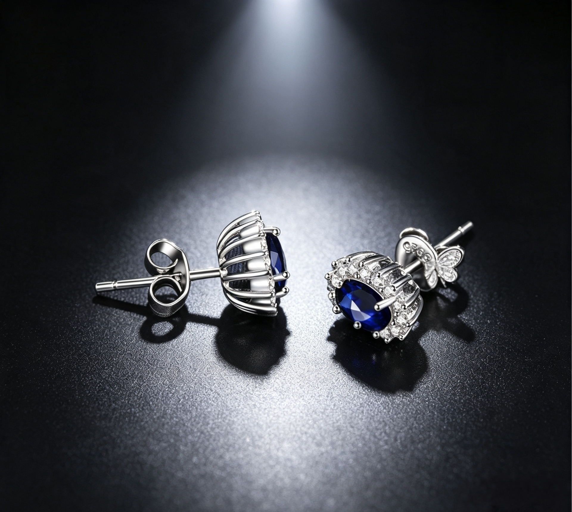 Royal Blue Sapphire Princess Diana Created Diamond Stud Earrings Gift Box Included