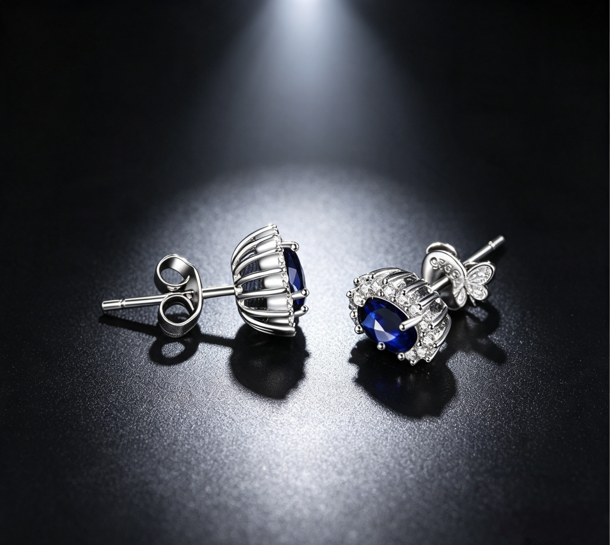 Royal Blue Sapphire Princess Diana Created Diamond Stud Earrings Gift Box Included