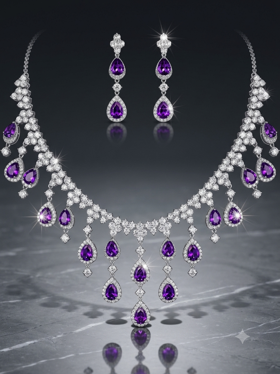 Dubai Waterfall Amethyst Necklace Earrings Set Purple Statement Jewellery