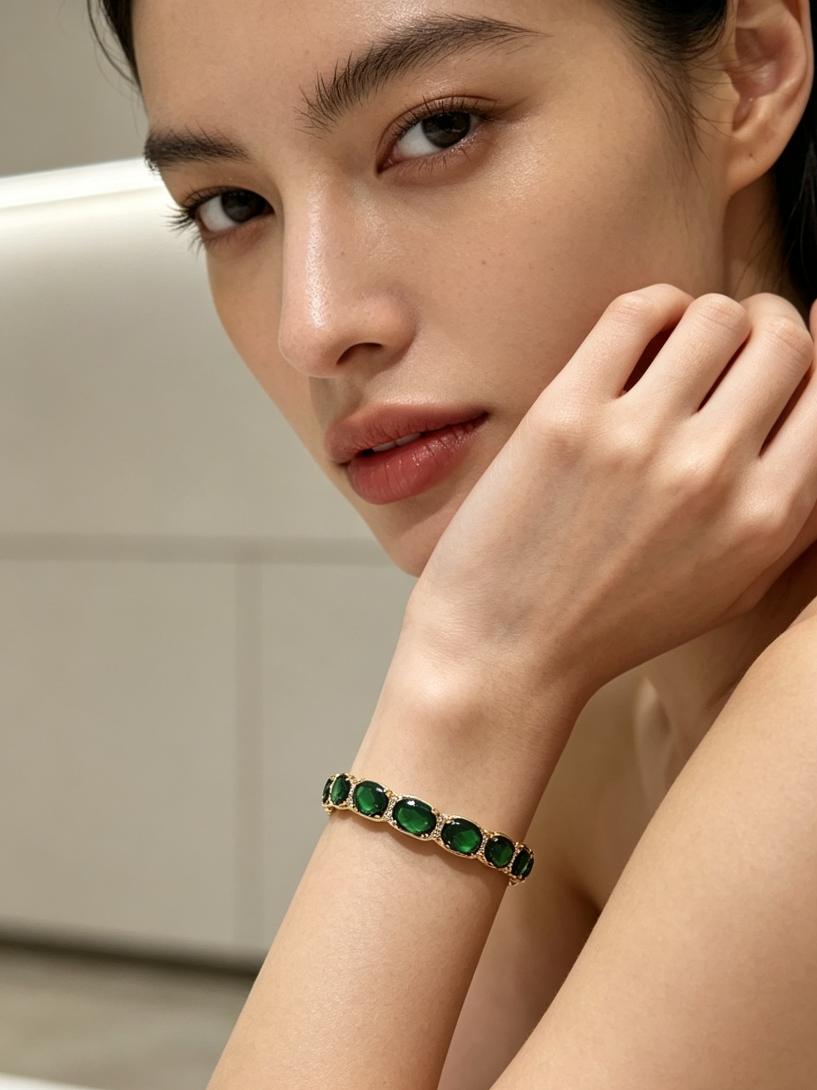 Tennis bracelet Yellow gold finish green emerald and Created Diamond