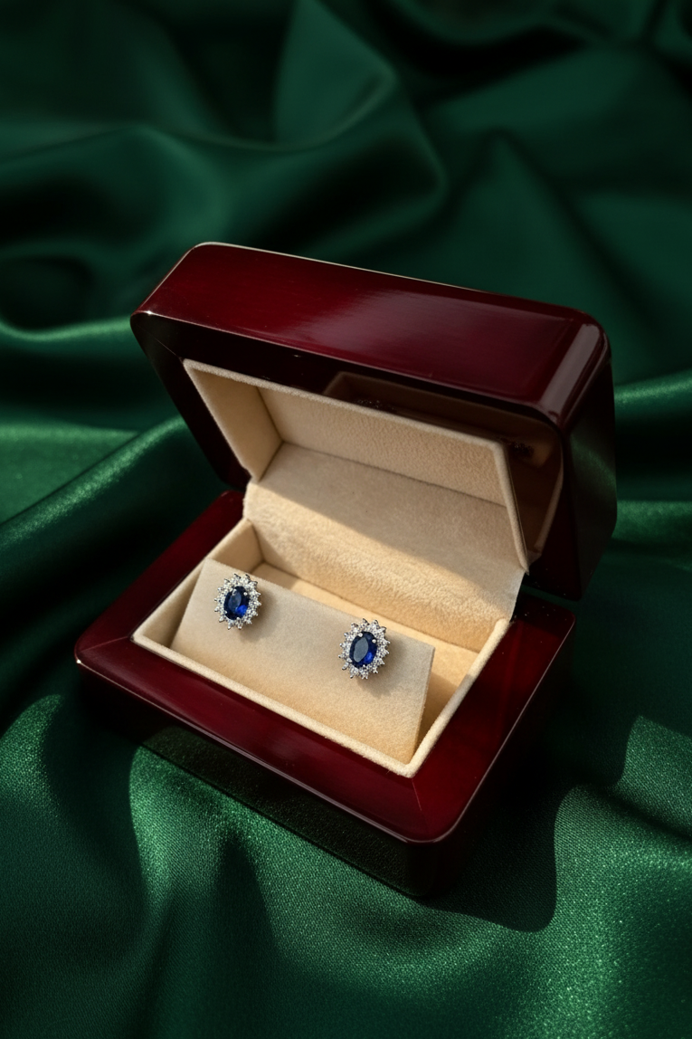 Royal Blue Sapphire Princess Diana Created Diamond Stud Earrings Gift Box Included
