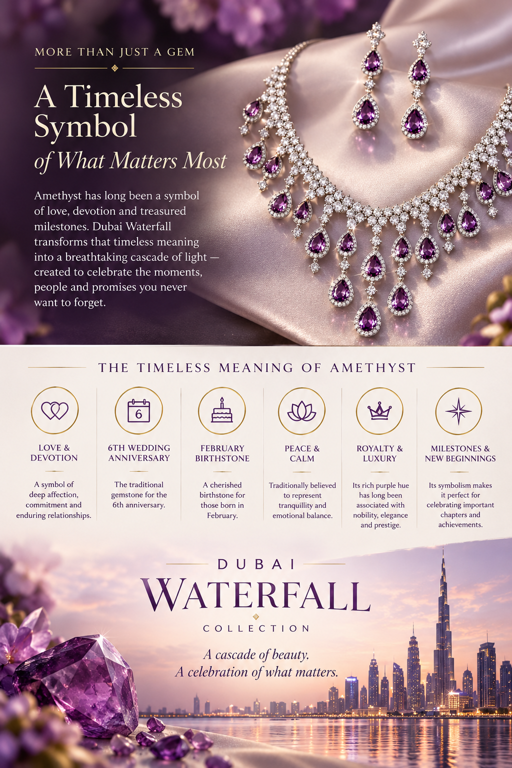 Dubai Waterfall Amethyst Necklace Earrings Set Purple Statement Jewellery