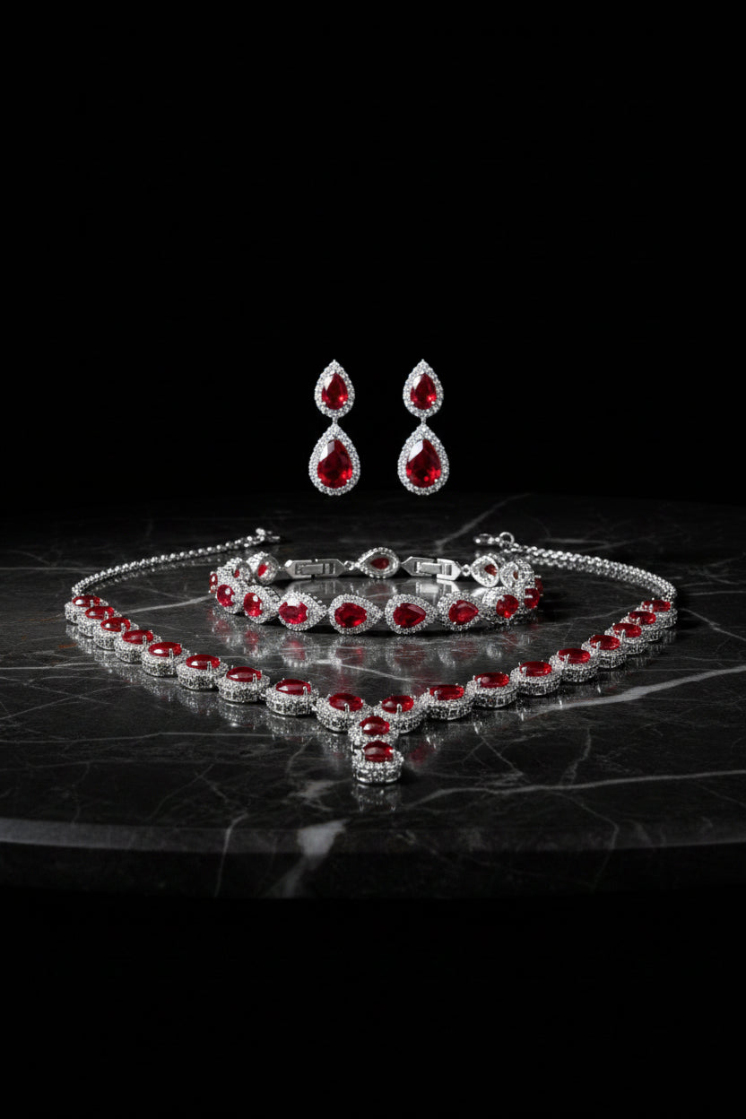 Prestige Pear Cut Red Ruby Jewellery Set with Created Diamonds White Gold finished Necklace Bracelet and Earrings Gift Set