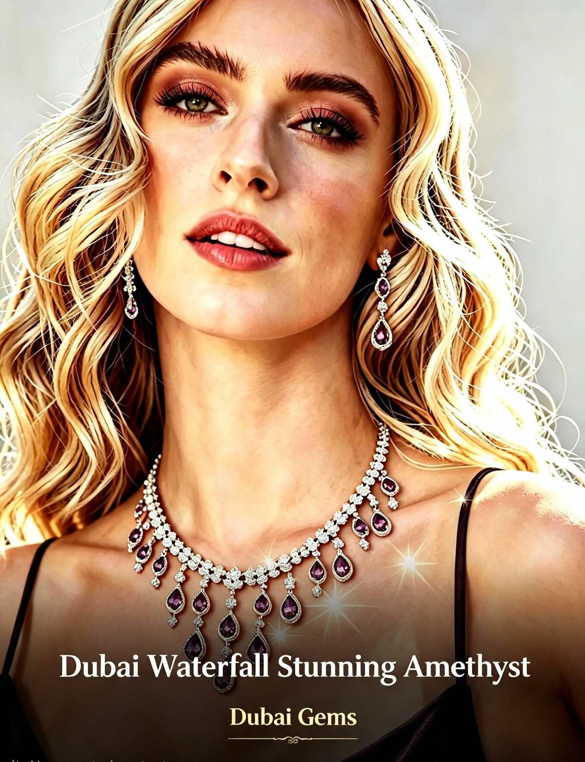 Dubai Waterfall Amethyst Necklace Earrings Set Purple Statement Jewellery