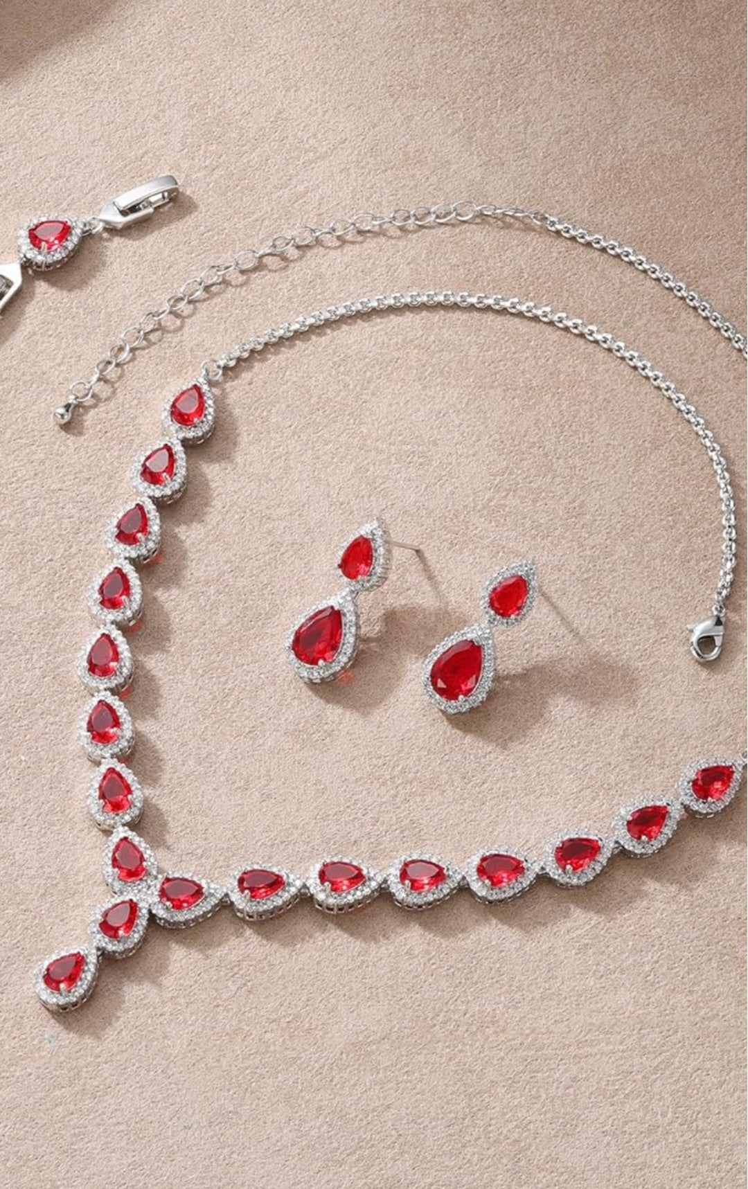 Prestige Pear Cut Red Ruby Jewellery Set with Created Diamonds White Gold finished Necklace Bracelet and Earrings Gift Set