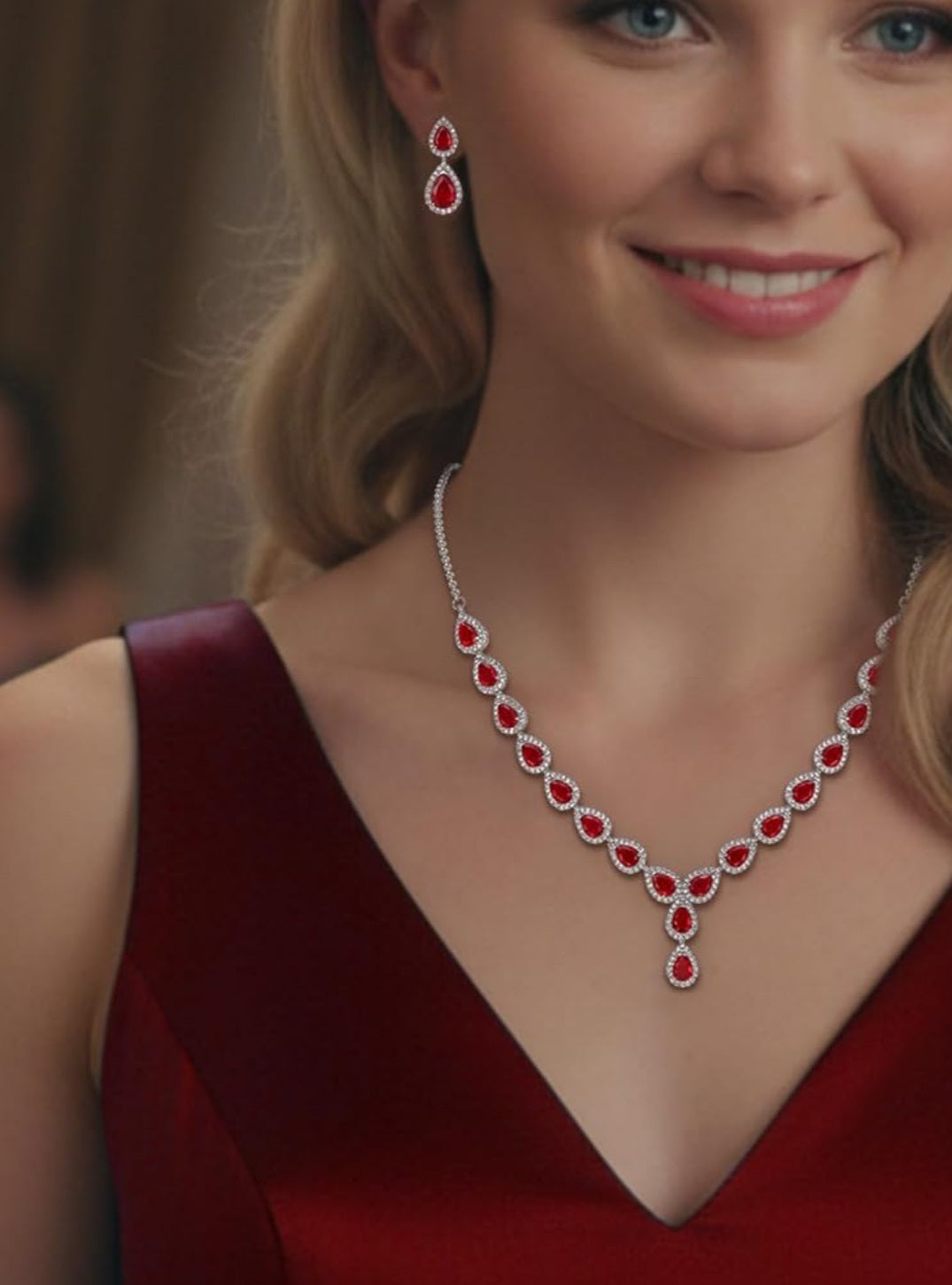 Prestige Pear Cut Red Ruby Jewellery Set with Created Diamonds White Gold finished Necklace Bracelet and Earrings Gift Set
