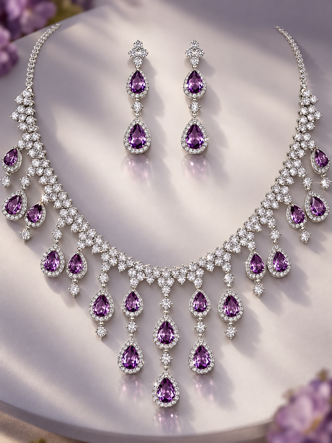 Dubai Waterfall Amethyst Necklace Earrings Set Purple Statement Jewellery