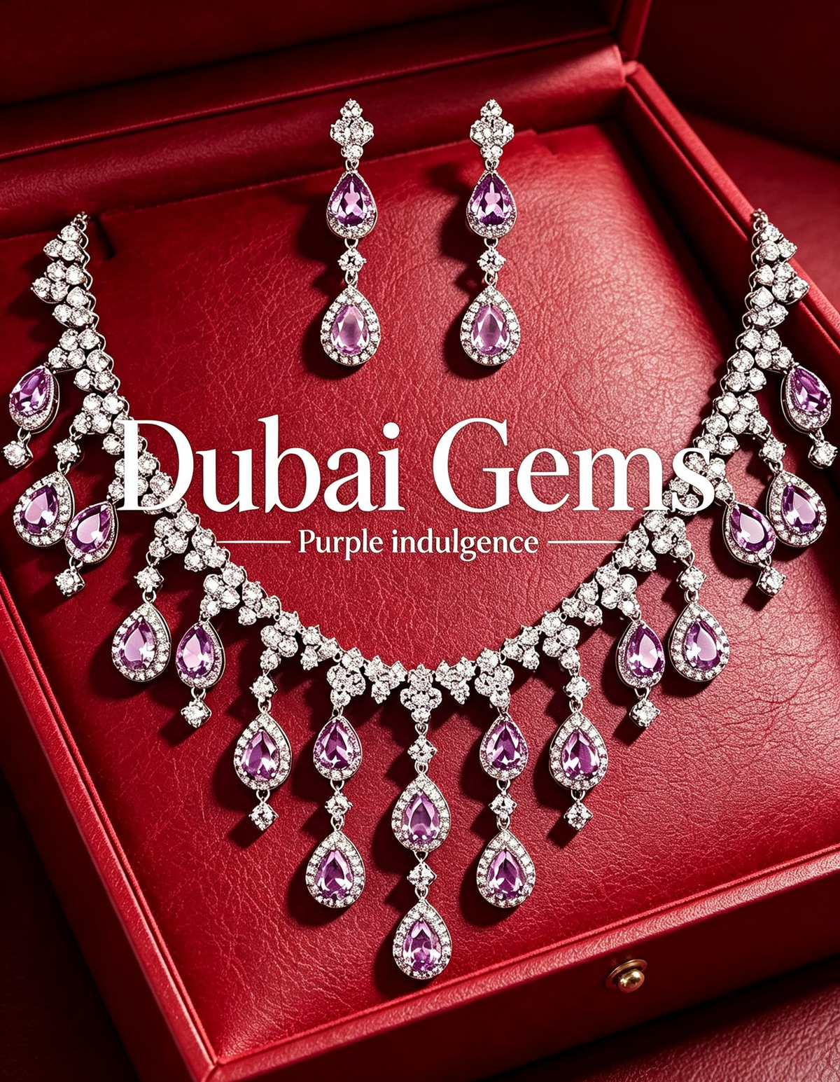 Dubai Waterfall Amethyst Necklace Earrings Set Purple Statement Jewellery