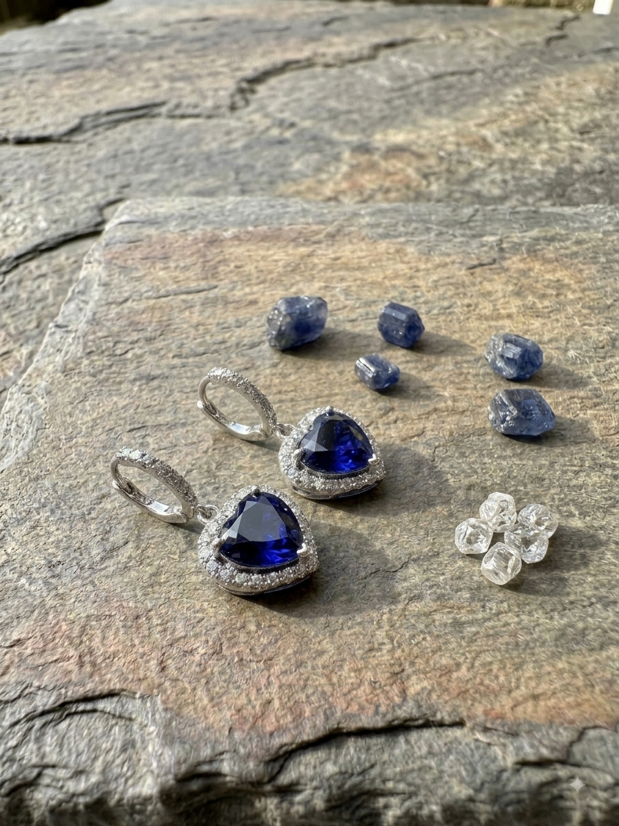 Heart Cut Blue Sapphire Diamond Droplet Earrings in White Gold finish