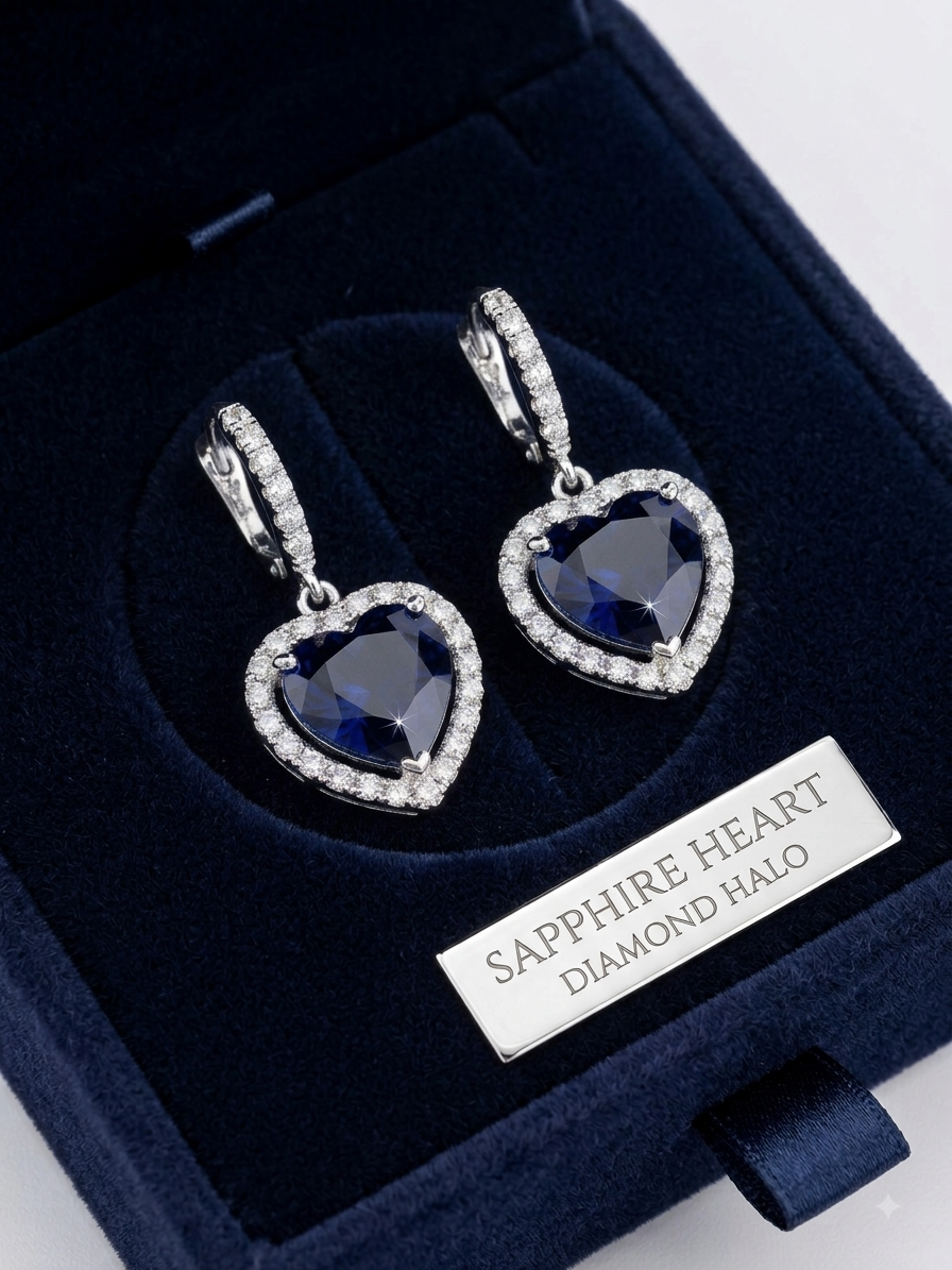 Heart Cut Blue Sapphire Diamond Droplet Earrings in White Gold finish