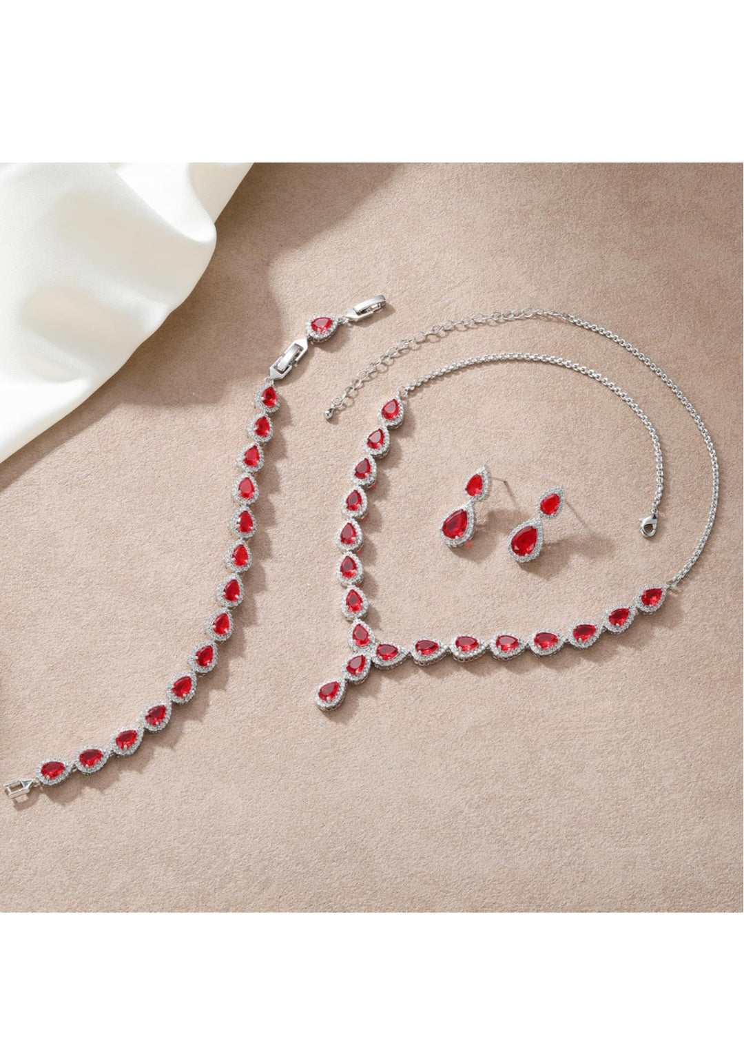 Prestige Pear Cut Red Ruby Jewellery Set with Created Diamonds White Gold finished Necklace Bracelet and Earrings Gift Set