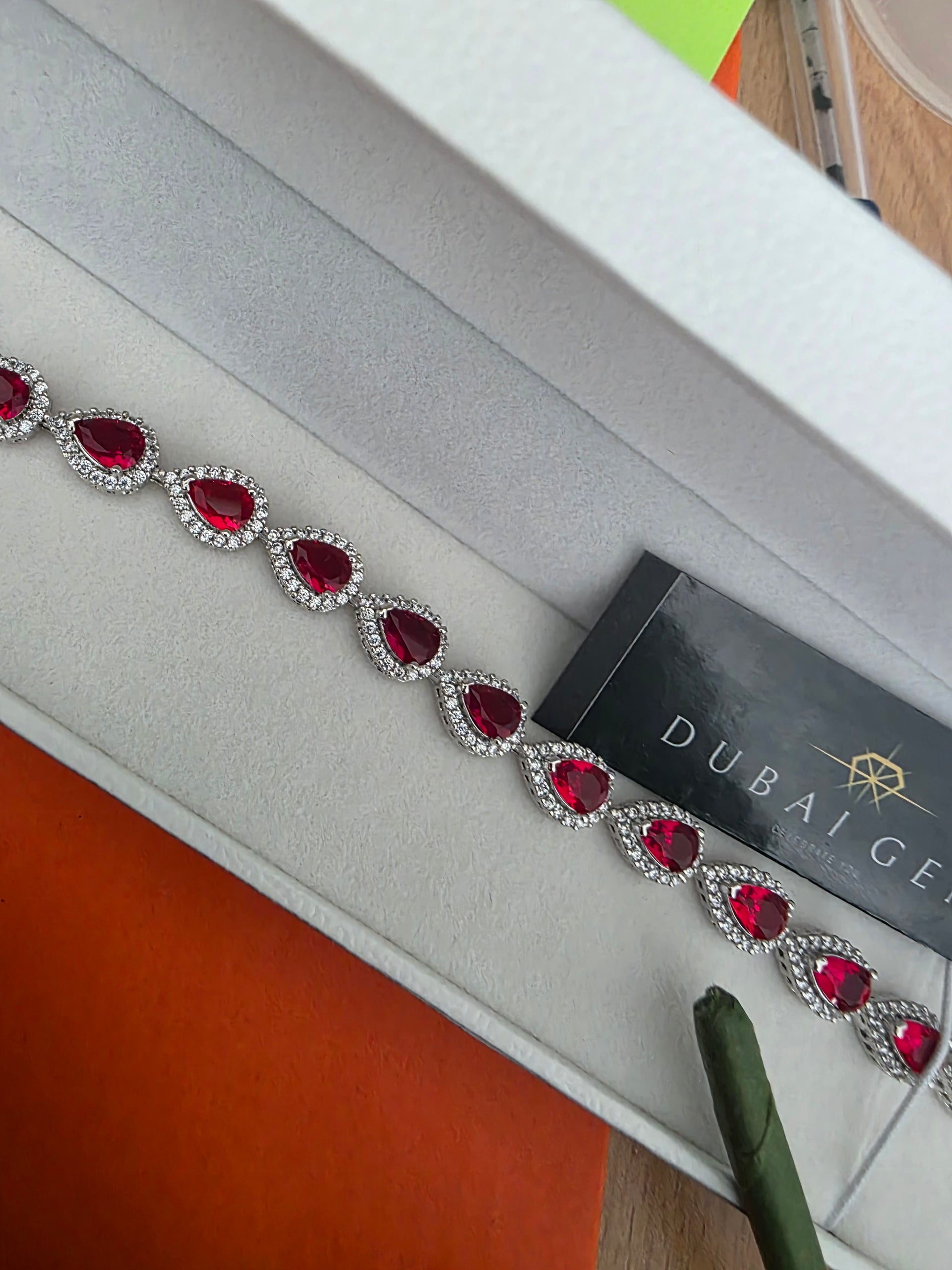 Prestige Pear Cut Red Ruby Jewellery Set with Created Diamonds White Gold finished Necklace Bracelet and Earrings Gift Set