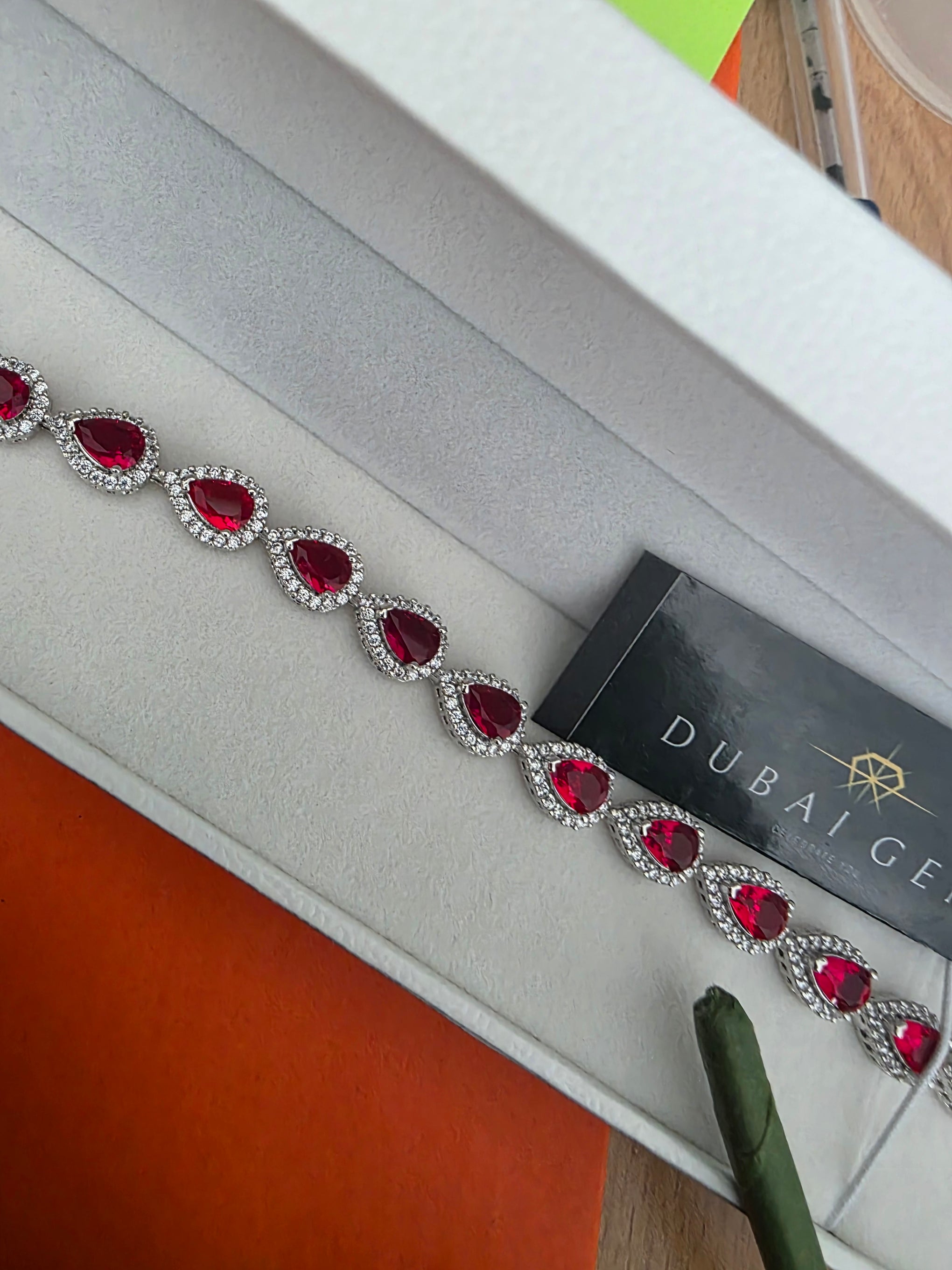 Prestige Pear Cut Red Ruby Jewellery Set with Created Diamonds White Gold finished Necklace Bracelet and Earrings Gift Set