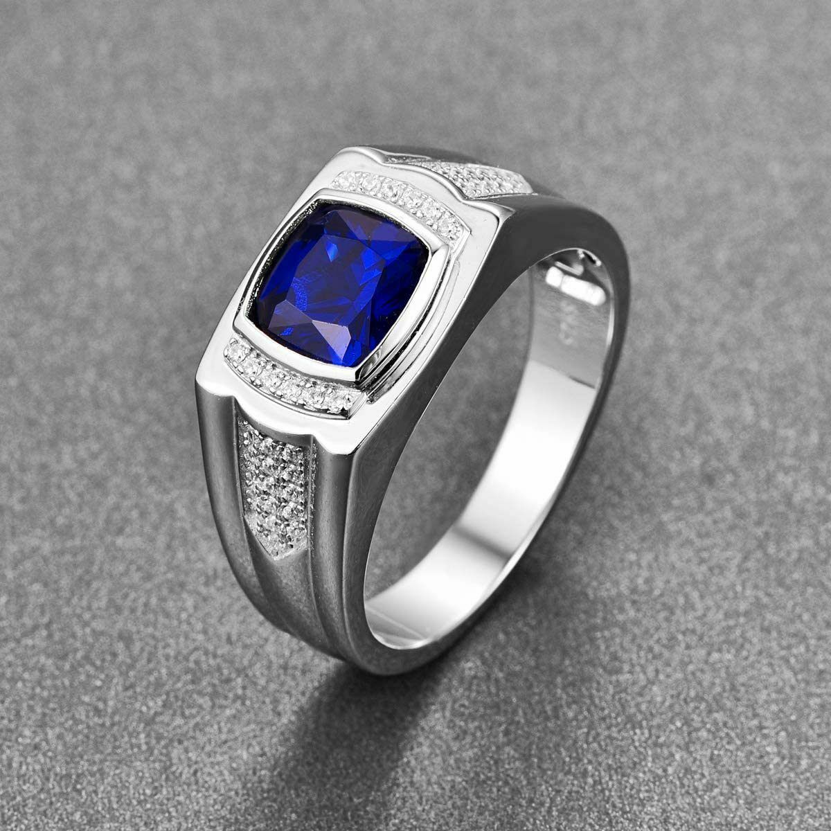 925 Sterling Silver Created Blue Sapphire And Created Diamond Men’s Signet Ring