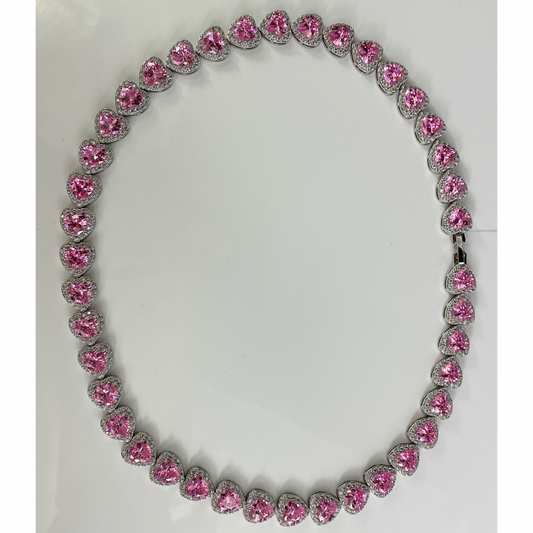 WHITE GOLD FINISH Pink Tourmaline Heart Cut Created Diamond Cluster Necklace