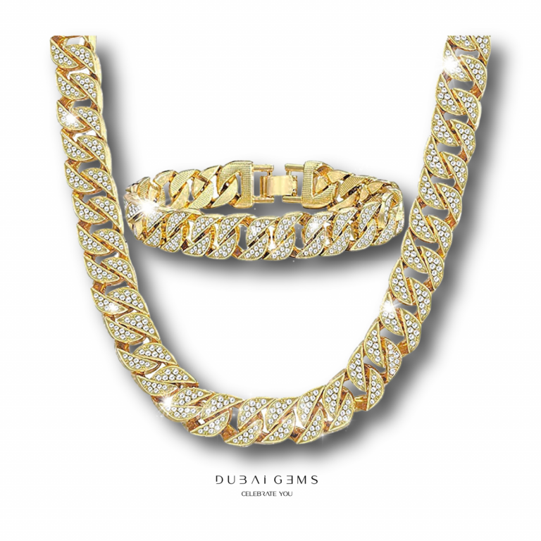 Yellow Gold Finish Created Diamond 12mm Chunky Cuban Link Mens Chain Set