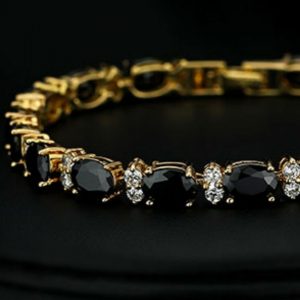 Halloween Special 18k Yellow Gold Finish Created Diamond & Onyx Tennis Bracelet