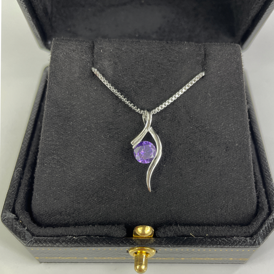 WHITE GOLD FINISH Purple Amethyst Round Cut Swirl Created Diamond Necklace