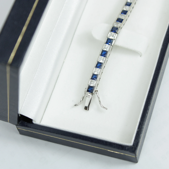 White Gold Finish Created Diamond Blue Sapphire Princess Cut Tennis Bracelet