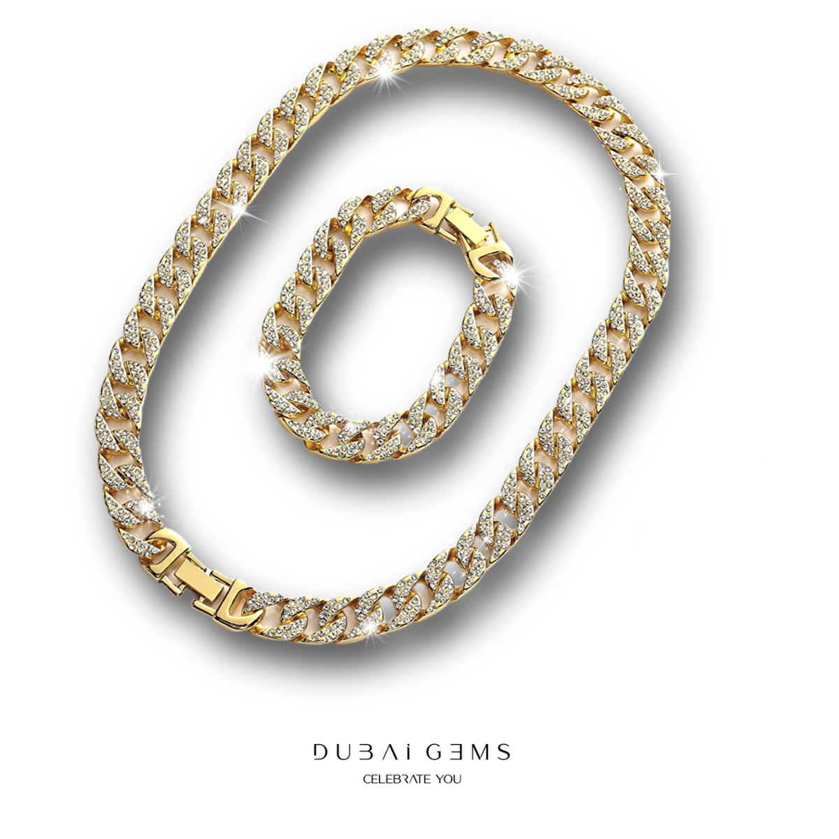 Yellow Gold Finish Created Diamond 12mm Chunky Cuban Link Mens Chain Set