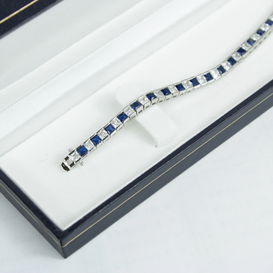 White Gold Finish Created Diamond Blue Sapphire Princess Cut Tennis Bracelet