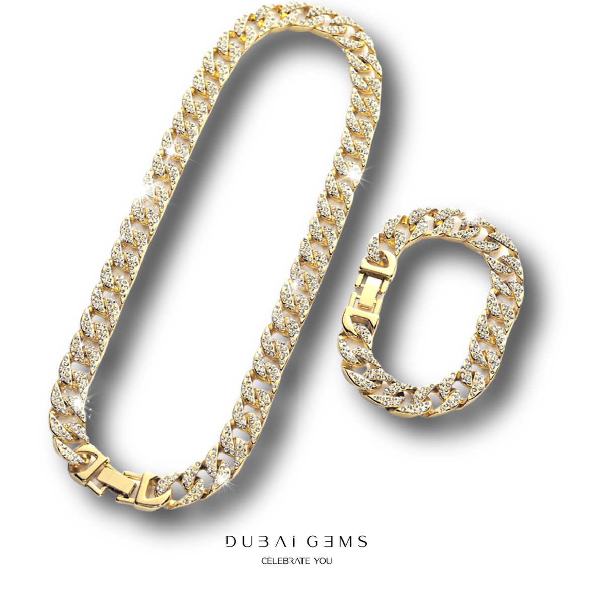 Yellow Gold Finish Created Diamond 12mm Chunky Cuban Link Mens Chain Set