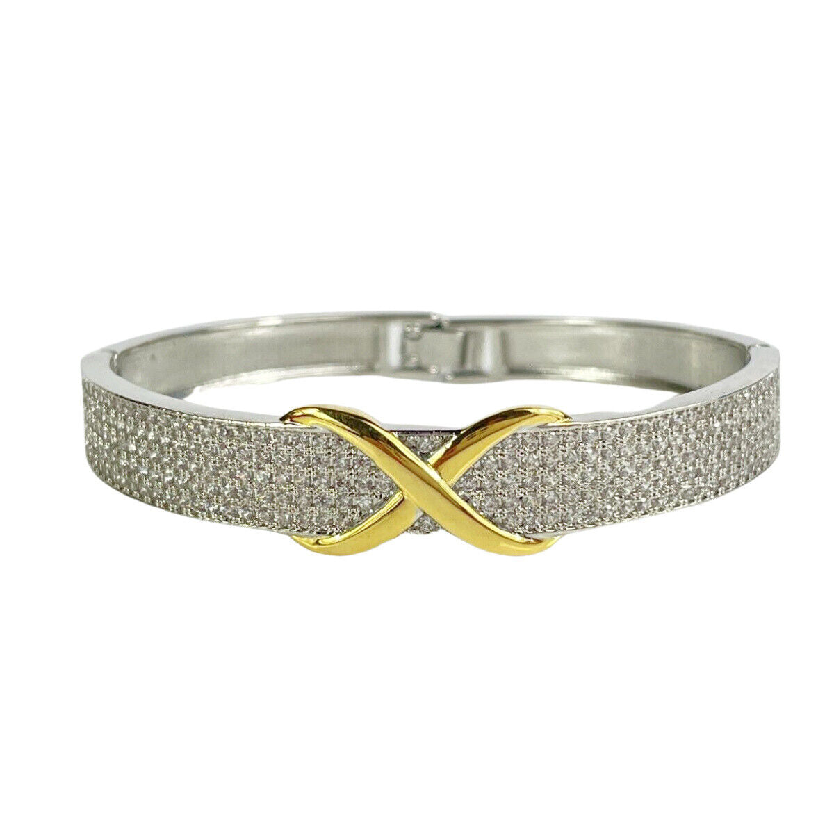 White Gold Finish Created Diamond and Yellow Gold Infinity Sign Bangle Bracelet