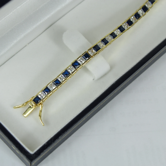 Yellow Gold Finish Created Diamond Blue Sapphire Princess Cut Tennis Bracelet