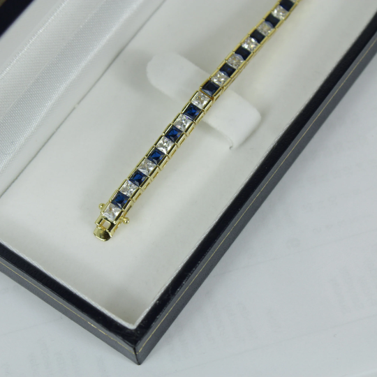 Yellow Gold Finish Created Diamond Blue Sapphire Princess Cut Tennis Bracelet