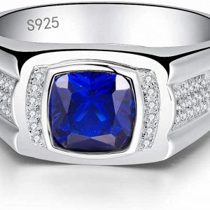 925 Sterling Silver Created Blue Sapphire And Created Diamond Men’s Signet Ring