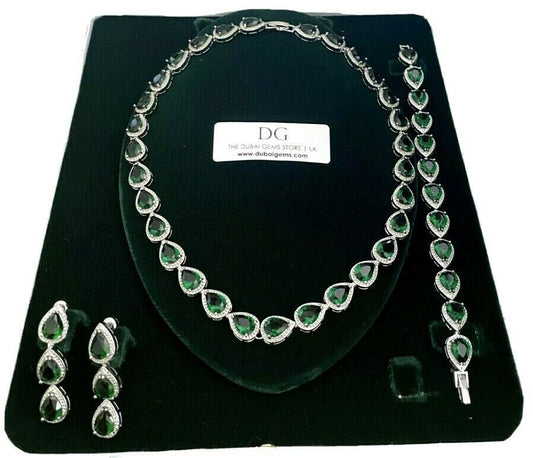 White gold finish Emerald and created diamond pear cut necklace earrings bracelet