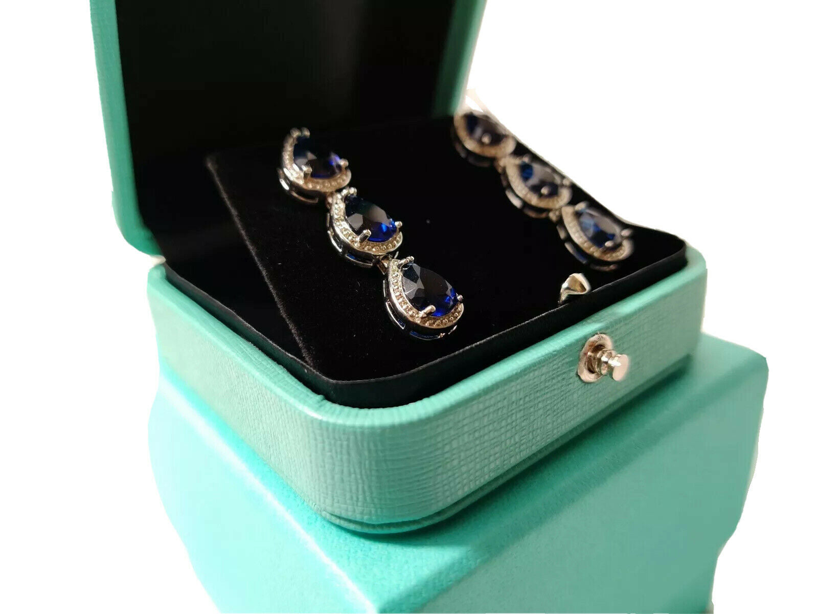 White gold finish blue sapphire pear cut and created diamond droplet earrings (Buy 1 Get 1 Free)