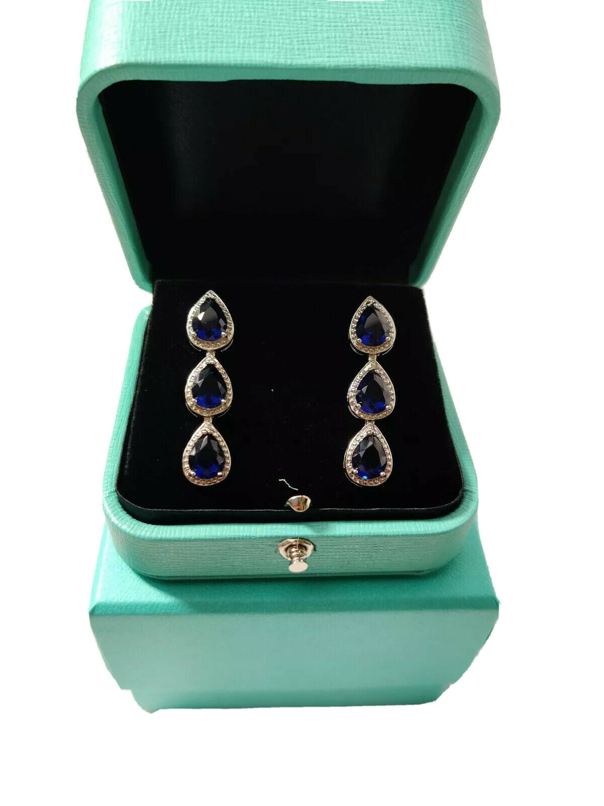 White gold finish blue sapphire pear cut and created diamond droplet earrings (Buy 1 Get 1 Free)