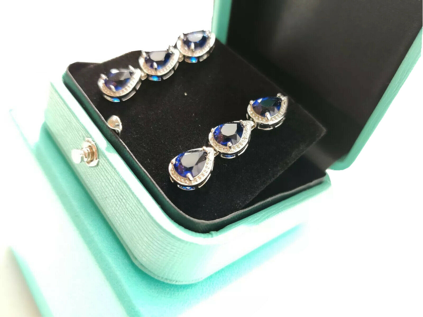 White gold finish blue sapphire pear cut and created diamond droplet earrings (Buy 1 Get 1 Free)