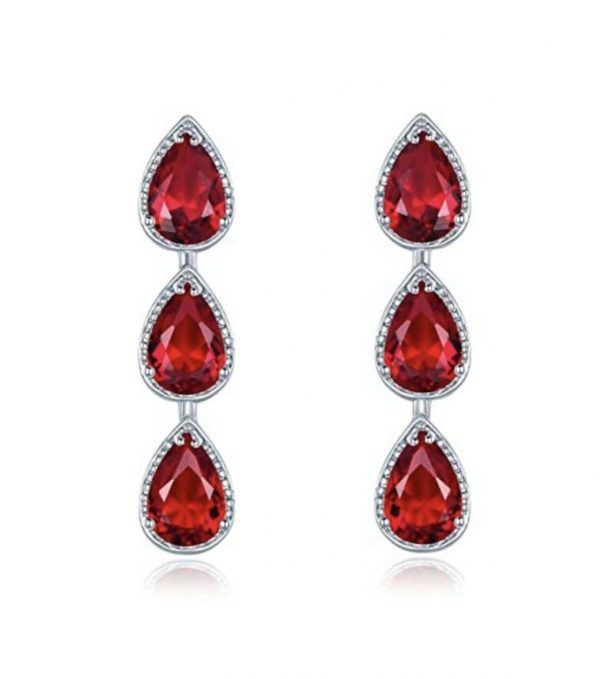 White gold finish pear cut red ruby and created diamond droplet earrings (Buy 1 Get 1 Free)